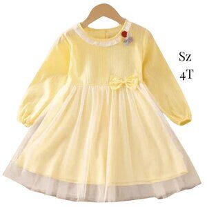 Yellow Dress, Girl Easter Sz 4T, Tulle Overlay, Long Sleeve, Eyelet Pearl Flower